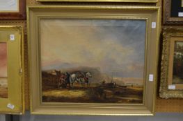 Coastal landscape with fishing boats, figures and horses with a cottage in the distance, oil on