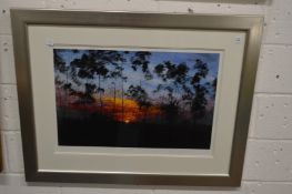 Sunset with trees, colour print.