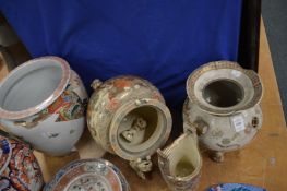 Two Japanese satsuma koros, a jardiniere and another item (af).