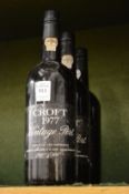 Three bottles of Croft 1977 vintage port.