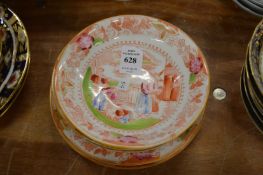 Three Chinese style small plates and three matching saucers.