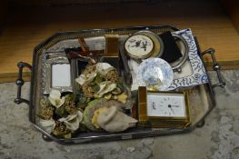 A plated twin handled tray containing miscellaneous collectables.