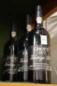 Three bottles of Croft 1977 vintage port.
