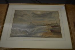 A coastal scene with waves coming ashore, watercolour and an unframed watercolour.