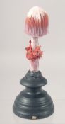 A MUSHROOM SPECIMEN 5ins long on a stand.