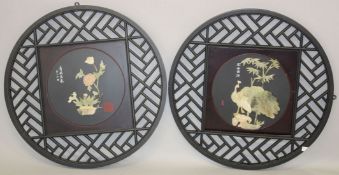 A PAIR OF CONTEMPORARY CHINESE HARDSTONE AND WOOD CIRCULAR WALL PANELS, onlaid with various