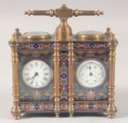 A BRASS AND CLOISONNE ENAMEL DOUBLE CLOCK/ BAROMETER. 5ins wide.