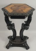 A 19TH CENTURY CEYLONESE EBONY AND SPECIMEN WOOD OCTAGONAL TABLE, the top inlaid with satinwood,
