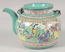 A CHINESE PAINTED YIXING TEAPOT AND COVER, decorated with various figures, the base with character