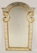 A GEORGE III EGLOMISE MIRROR with bevelled glass, the side with Chinese figures and other designs.