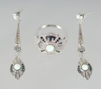 A PAIR OF SILVER, OPAL, DECO STYLE DROP EARRINGS AND RING.