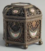 A GOOD 19TH CENTURY LOUIS XV DESIGN PIERCED GILT METAL OCTAGONAL CASKET, set with fifteen various