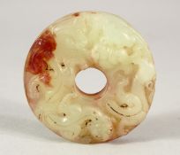 A CHINESE CARVED JADE BI / PENDANT - the pendant carved in the form of Bi, carved with chilong