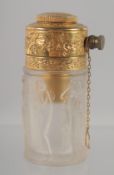 A LALIQUE OPAQUE GLASS PERFUME BOTTLE, moulded with female figures, with an engraved gilt metal