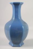 A CHINSES BLUE GROUND HEXAGONAL SHAPE PORCELAIN VASE. 14.5ins high.