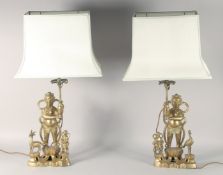 A PAIR OF CHINESE BRASS FIGURAL LAMPS, with shades, lamp / base 51.5cm high.