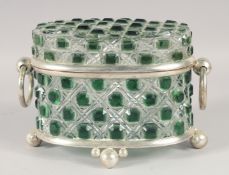 A GREEN CUT GLASS CASKET WITH PLATED MOUNTS. 10
