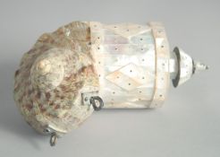 AN INDIAN GOA MOTHER OF PEARL AND SHELL POWDER FLASK, 17cm.