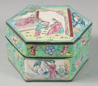 A CHINESE CANTON ENAMEL HEXAGONAL SHAPE BOX AND COVER. 4ins wide.