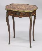 A 19TH CENTURY KINGWOOD AND MARQUETRY OCCASIONAL TABLE with ormolu mounts, the shaped top over a