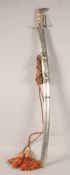 A FINE 19TH-20TH CENTURY ARAB SAUDI SILVER MOUNTED SWORD, with bone grips and flower head chased and