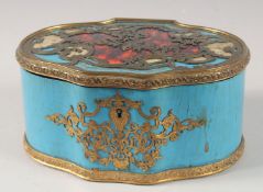 A GOOD 19TH CENTURY FRENCH TORTOISESHELL AND BRONZE SHAPED BOX. 7ins wide.