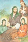 MOHAMMAD ISFAHANI, IMAM ALI AND HIS TWO SONS, watercolour, signed and inscribed, 8.75