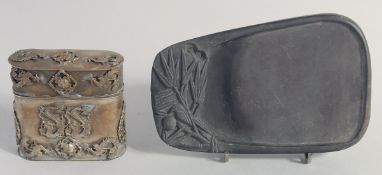 A CHINESE INK STONE, together with a metal dragon box, (2).