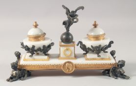 AN EMPIRE STYLE GILT BRONZE AND MARBLE DESK STAND 11.5ins wide.