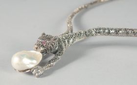 A SILVER BAROQUE PEARL PANTHER NECKLACE.