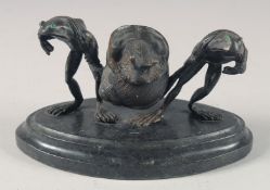 A 19TH CENTURY FRENCH BRONZE FROG AND SNAIL INKWELL on an oval marble base. 6ins long.