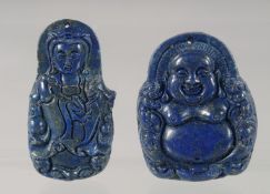 TWO CHINESE CARVED LAPIS PENDANTS 5ins & 5.5ins high.