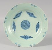 A CHINESE CELADON GROUND, PORCELAIN DISH painted in blue with Chinese emblems. 9.75ins diameter.