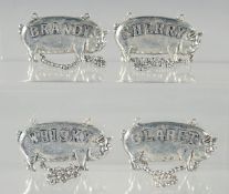 FOUR PIG PLATED WINE LABELS: BRANDY, CLARET, WHISKY, SHERRY.