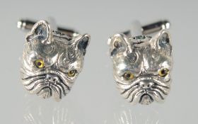 A PAIR OF SILVER FRENCH BULLDOG CUFFLINKS.