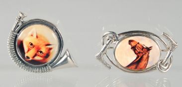 TWO SILVER FOX HUNTING BROOCHES, fox and horse.