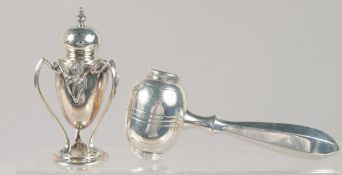 A THREE HANDLED PEPPER POT AND GAVEL SALT AND PEPPER.