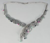 A GOOD SILVER SAPPHIRE, EMERALD AND RUBY PANTHER NECKLACE.