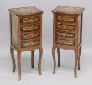 A PAIR OF FRENCH STYLE MAHOGANY AND MARQUETRY FOUR DRAWER BEDSIDE CHESTS. 2ft 7.5ins high x 1ft 1ins