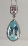 A SUPERB 18 CT WHITE GOLD AQUAMARINE AND MORGANITE PENDANT AND CHAIN. 10 carats.