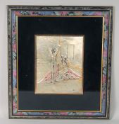 AN ITALIAN EMBOSSED SILVER PICTURE OF TWO YOUNG LADIES, in a decorative frame. Over all size 23.5