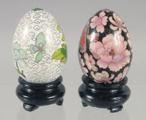 TWO CLOISONNE EGGS on stand.