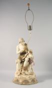 A LARGE ROYAL DUX TABLE LAMP modelled as a man seated on a rock playing a pipe, with a child by