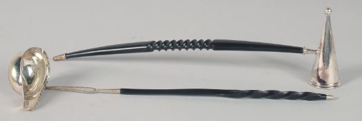 A SILVER TODDY LADLE AND CANDLE SNUFFER.