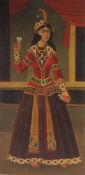 A PERSIAN QAJAR OIL PAINTING ON CANVASS, depicting a dancer, unframed, 100cm x 50cm.
