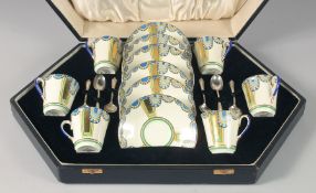 A SUPERB ADDERLEY WARE ART DECO PORCELAIN SET OF SIX CUPS AND SAUCERS, MADELINA, in a fitted case