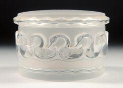 A LALIQUE GLASS CIRCULAR BOX AND COVER the sides modelled as a continuous band of swans. 4ins