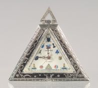 A SILVER CASED MASONIC STYLE TRIANGULAR SHAPED POCKET WATCH. 5cm high