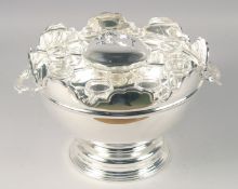 A SILVER-PLATED CAVIAR SET COMPRISING: large pedestal bowl, caviar bowl and cover and eight shot