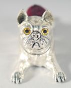 A SILVER-PLATED FRENCH BULLDOG PIN CUSHION. 8cm